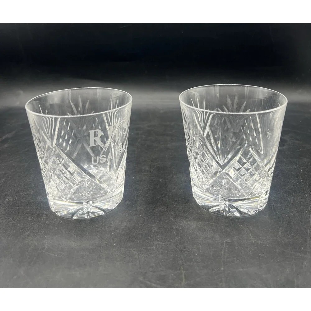 Set of 2 Cut Crystal Whiskey Tumblers RHS USA 98 Etched Double Old Fashioned